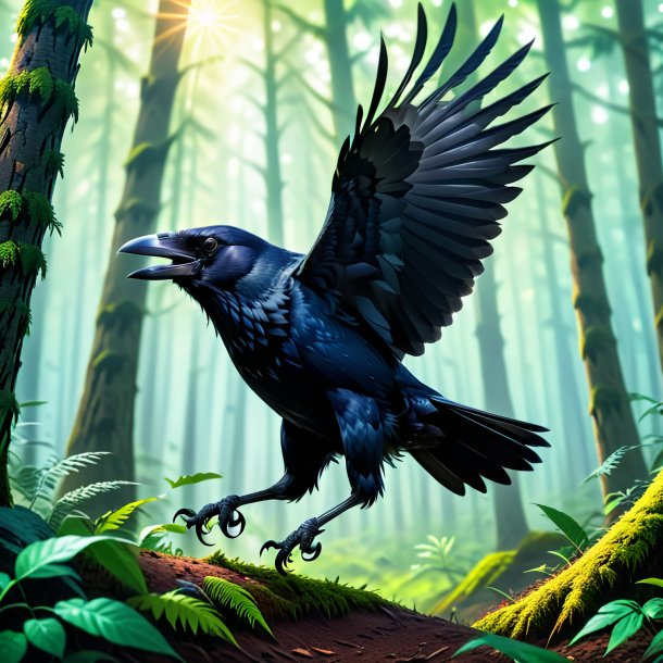 Picture of a jumping of a crow in the forest