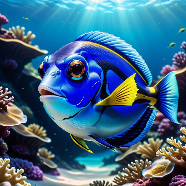 Illustration of a blue tang in a cap in the sea