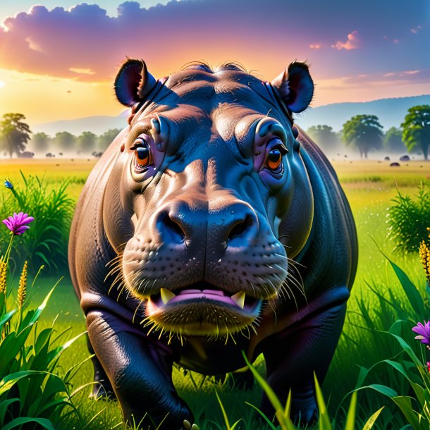 Photo of a crying of a hippopotamus in the meadow