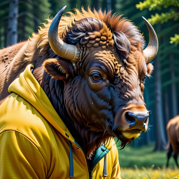 Uma foto de um bison em um hoodie amarelo