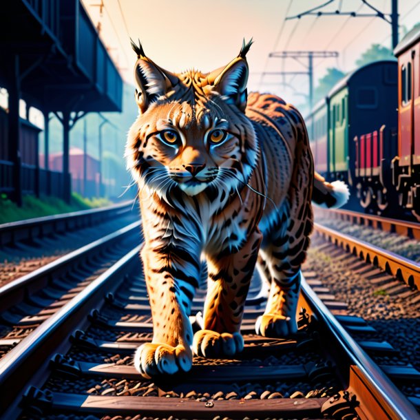 Picture of a lynx in a gloves on the railway tracks