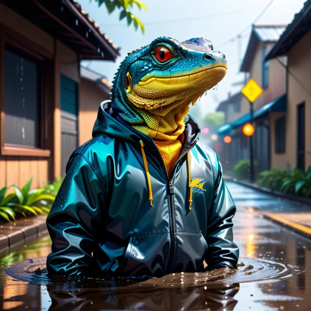 Desenho de um lagarto monitor em um hoodie na poça