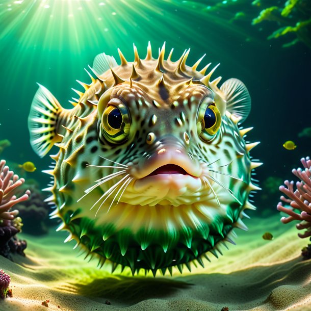 Pic of a pufferfish in a green dress