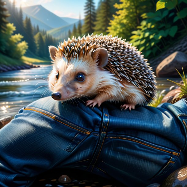 Drawing of a hedgehog in a jeans in the river