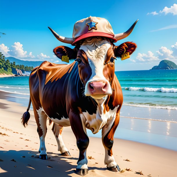 Foto de uma vaca em um boné na praia