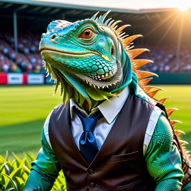 Imagem de uma iguana em um colete no campo