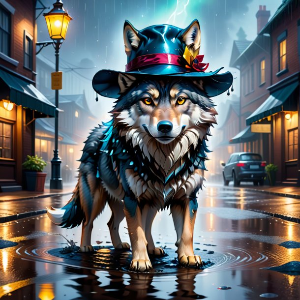 Illustration of a wolf in a hat in the puddle