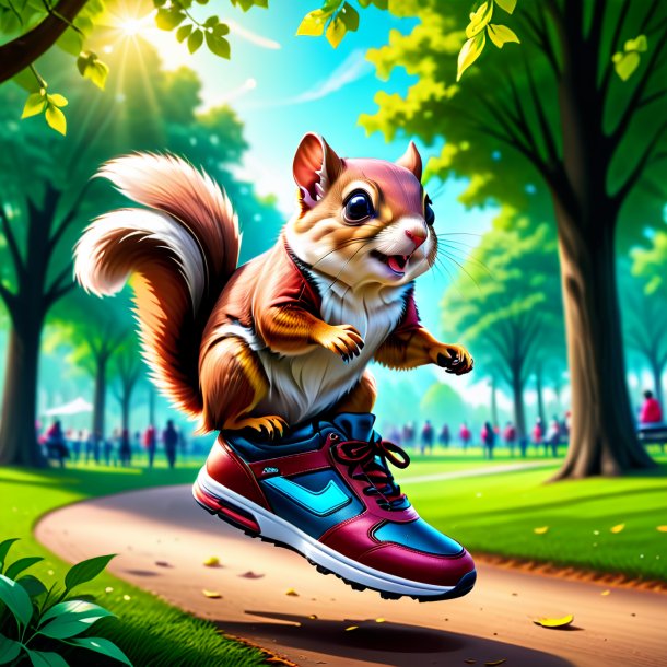 Drawing of a flying squirrel in a shoes in the park