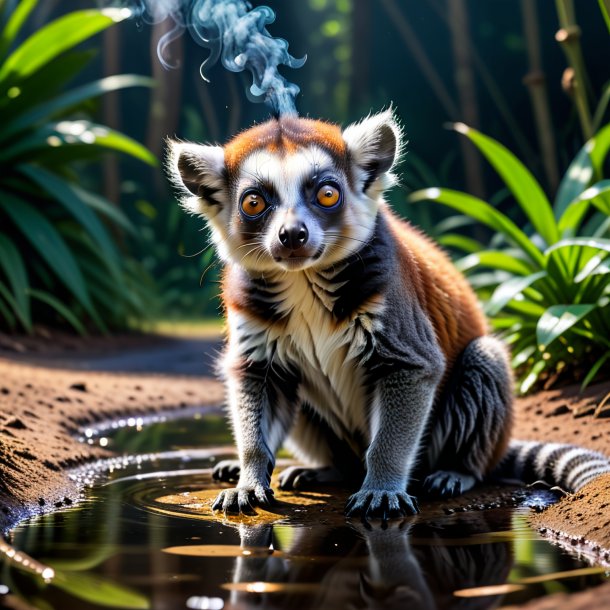 Image of a smoking of a lemur in the puddle