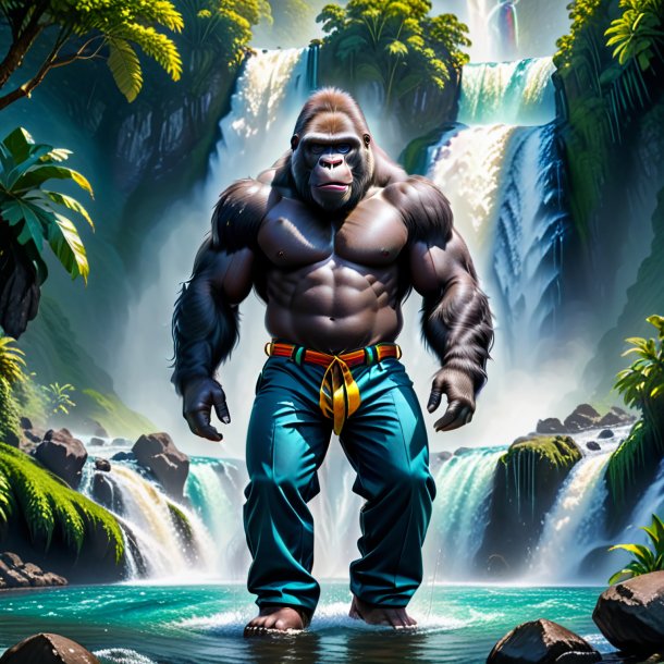 Image of a gorilla in a trousers in the waterfall