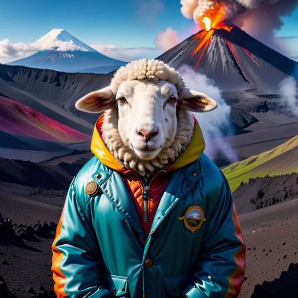 Photo of a sheep in a jacket in the volcano