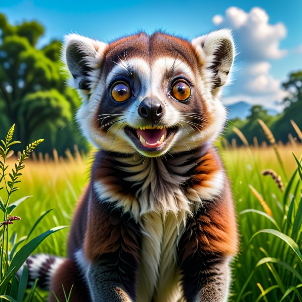 Image of a smiling of a lemur in the meadow