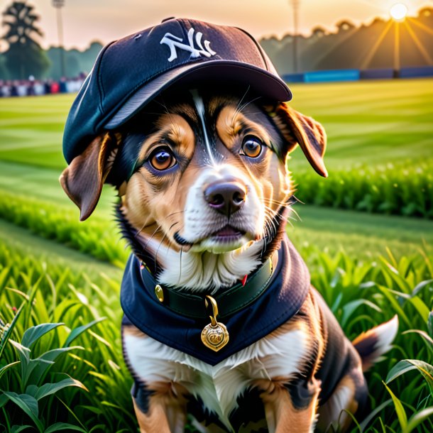 Foto de um cão em um boné no campo