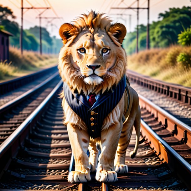 Photo of a lion in a vest on the railway tracks