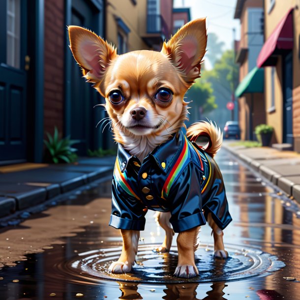 Illustration of a chihuahua in a trousers in the puddle