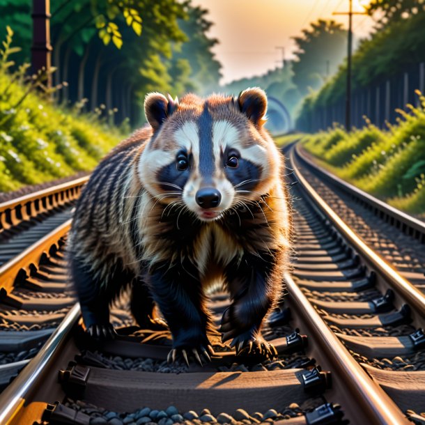 Picture of a playing of a badger on the railway tracks