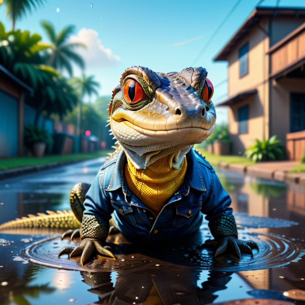 Illustration of a monitor lizard in a jeans in the puddle