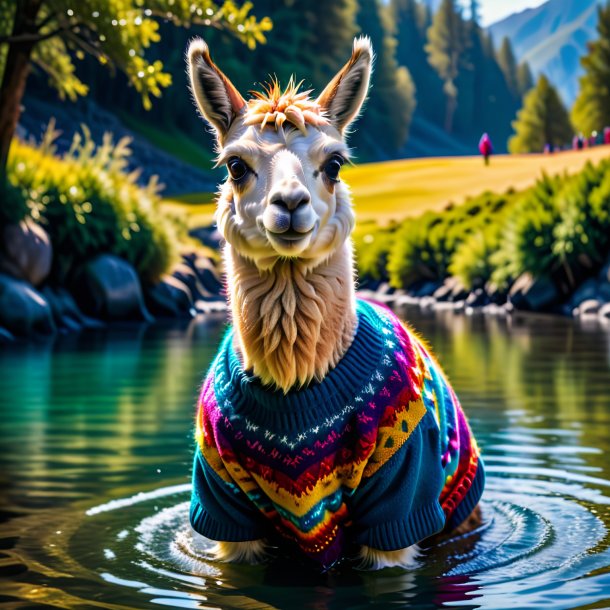 Photo of a llama in a sweater in the water