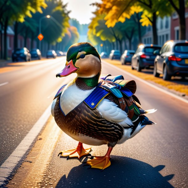 Pic of a duck in a vest on the road