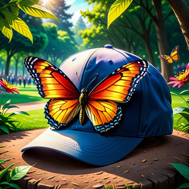 Ilustración de una mariposa en una gorra en el parque