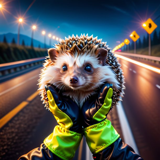 Foto de un erizo en guantes en la carretera