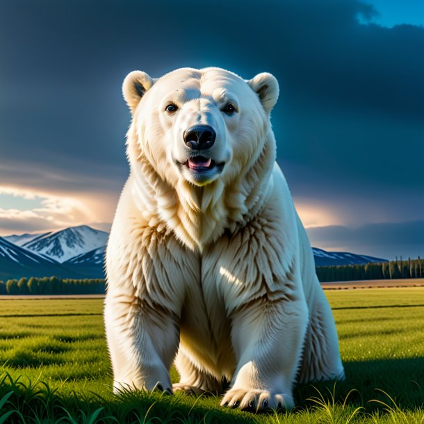 Foto de um urso polar em um jeans no campo