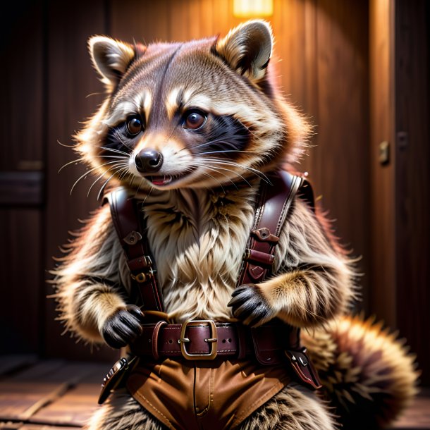 Photo of a raccoon in a brown belt