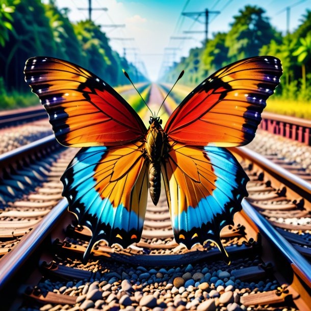 Photo of a butterfly in a vest on the railway tracks