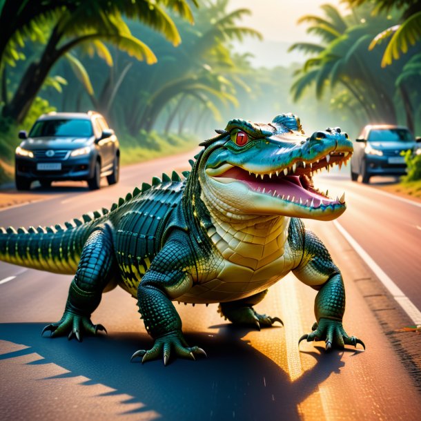 Imagem de uma dança de um crocodilo na estrada