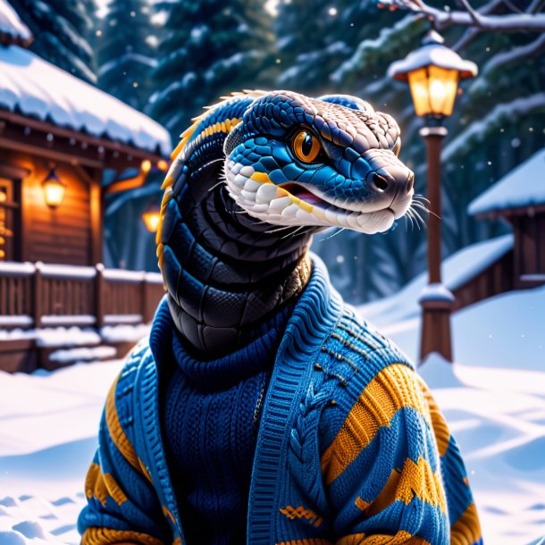 Picture of a cobra in a sweater in the snow