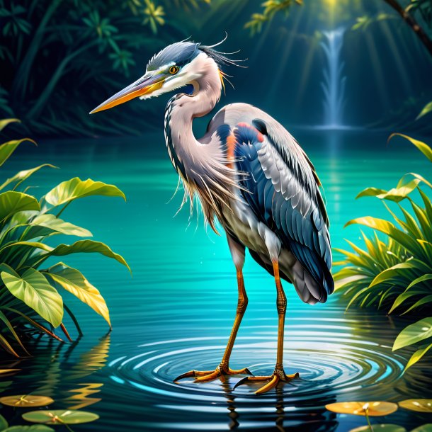 Illustration of a heron in a trousers in the water