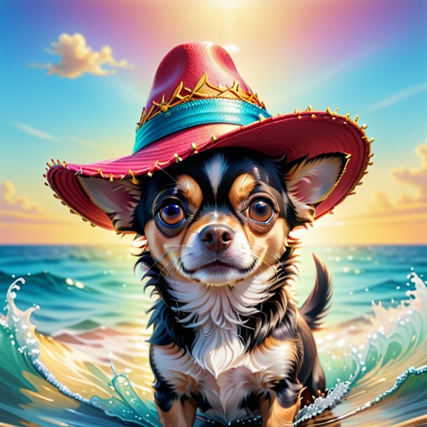 Illustration of a chihuahua in a hat in the sea