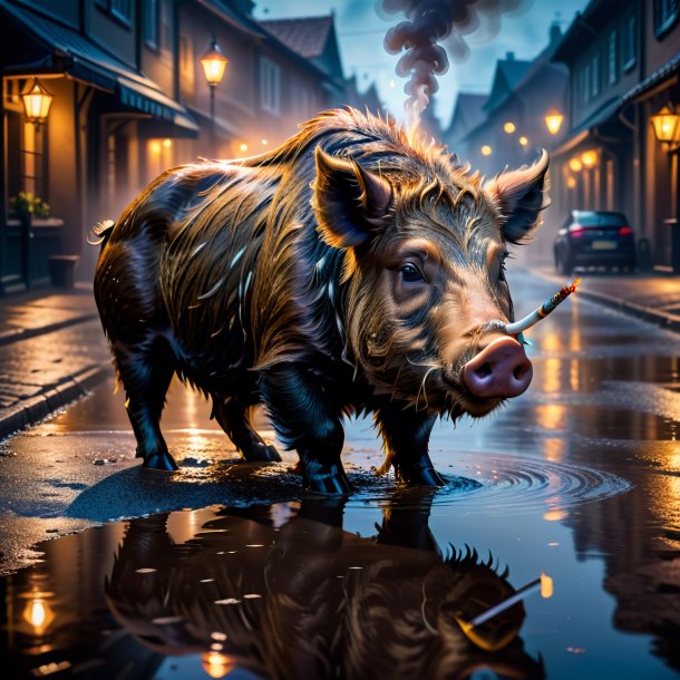 Image of a smoking of a boar in the puddle