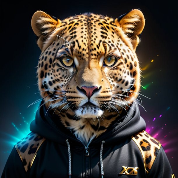 Photo of a leopard in a black hoodie