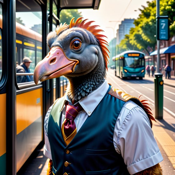 Photo d'un dodo dans un gilet sur l'arrêt de bus