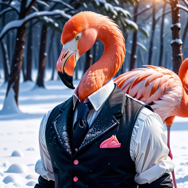 Image of a flamingo in a vest in the snow