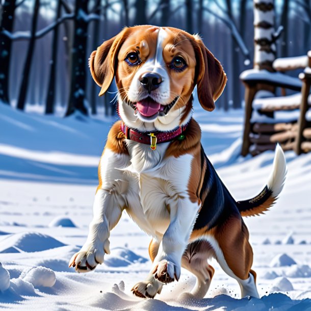 Photo d'une danse d'un beagle dans la neige