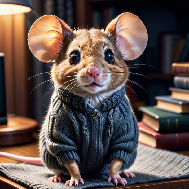 Pic of a mouse in a gray sweater