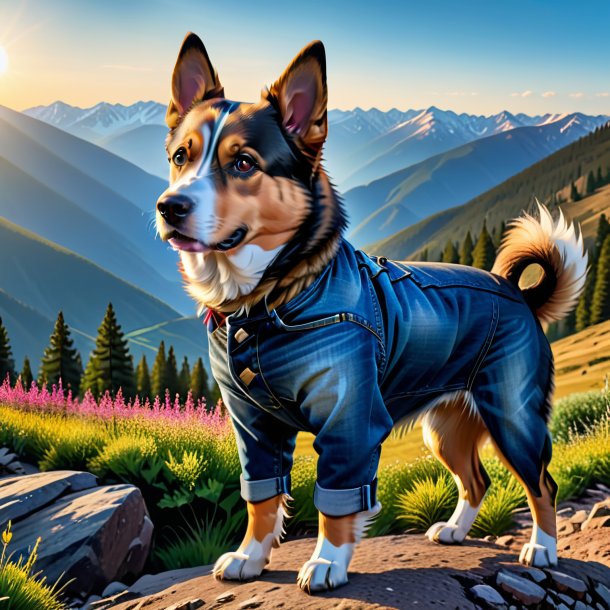 Picture of a dog in a jeans in the mountains