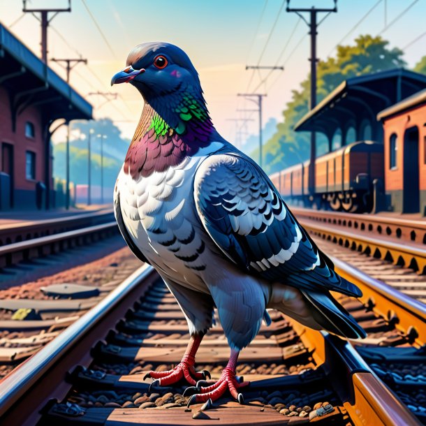 Illustration of a pigeon in a trousers on the railway tracks