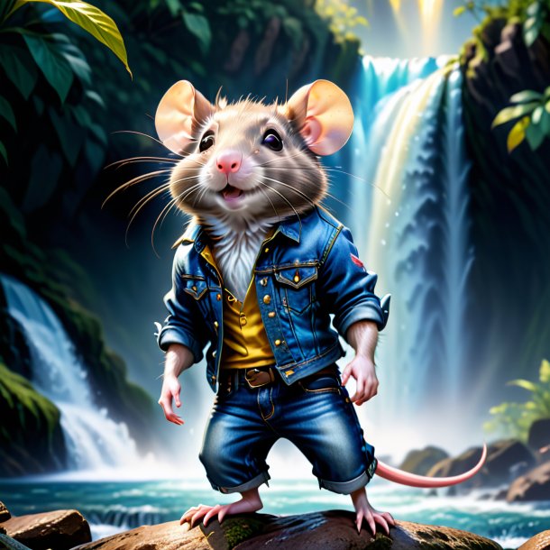 Image of a rat in a jeans in the waterfall