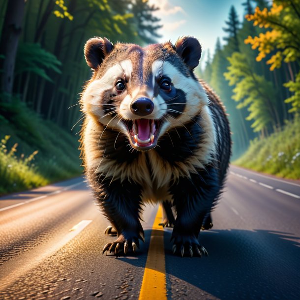 Image of a threatening of a badger on the road