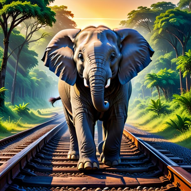 Picture of a smiling of a elephant on the railway tracks