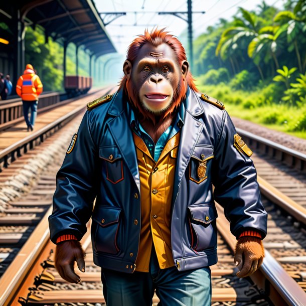 Dibujo del orangután en la chaqueta sobre las vías del ferrocarril