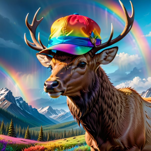 Picture of a elk in a cap on the rainbow