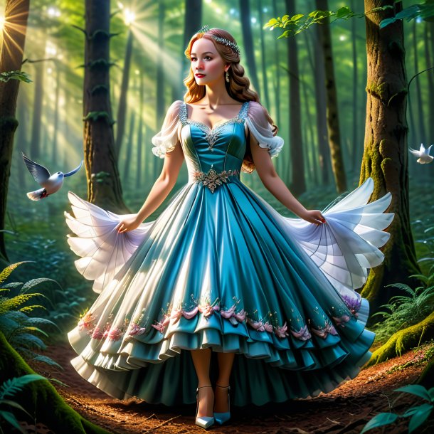 Imagen de una paloma en un vestido en el bosque