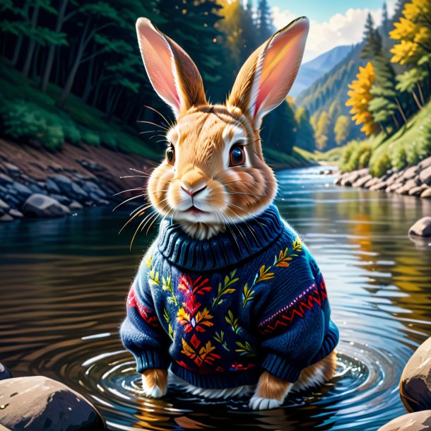 Illustration d'un lapin dans un pull dans la rivière