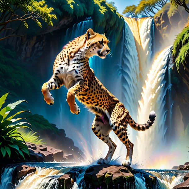 Image of a jumping of a cheetah in the waterfall