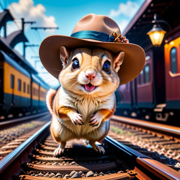 Foto de una ardilla voladora en un sombrero en las vías del tren