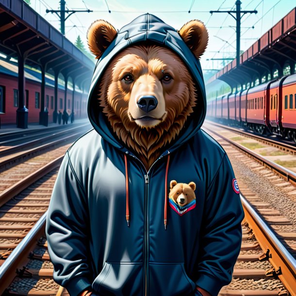 Desenho de um urso em um capuz nos trilhos ferroviários